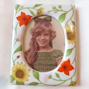 Vintage FF Spring Style Ceramic Floral Picture Frame Sunflower Lily Oval 5x7 4x6